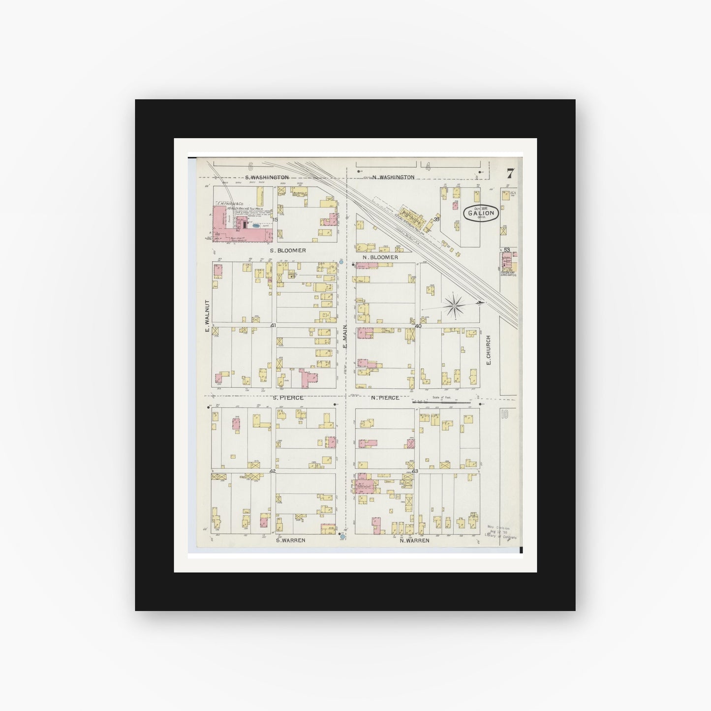 Old map wall art mockup — black gallery frame with white mat — Sanborn Fire Insurance Map from Galion, Crawford County, Ohio (1892), Sheet #0007