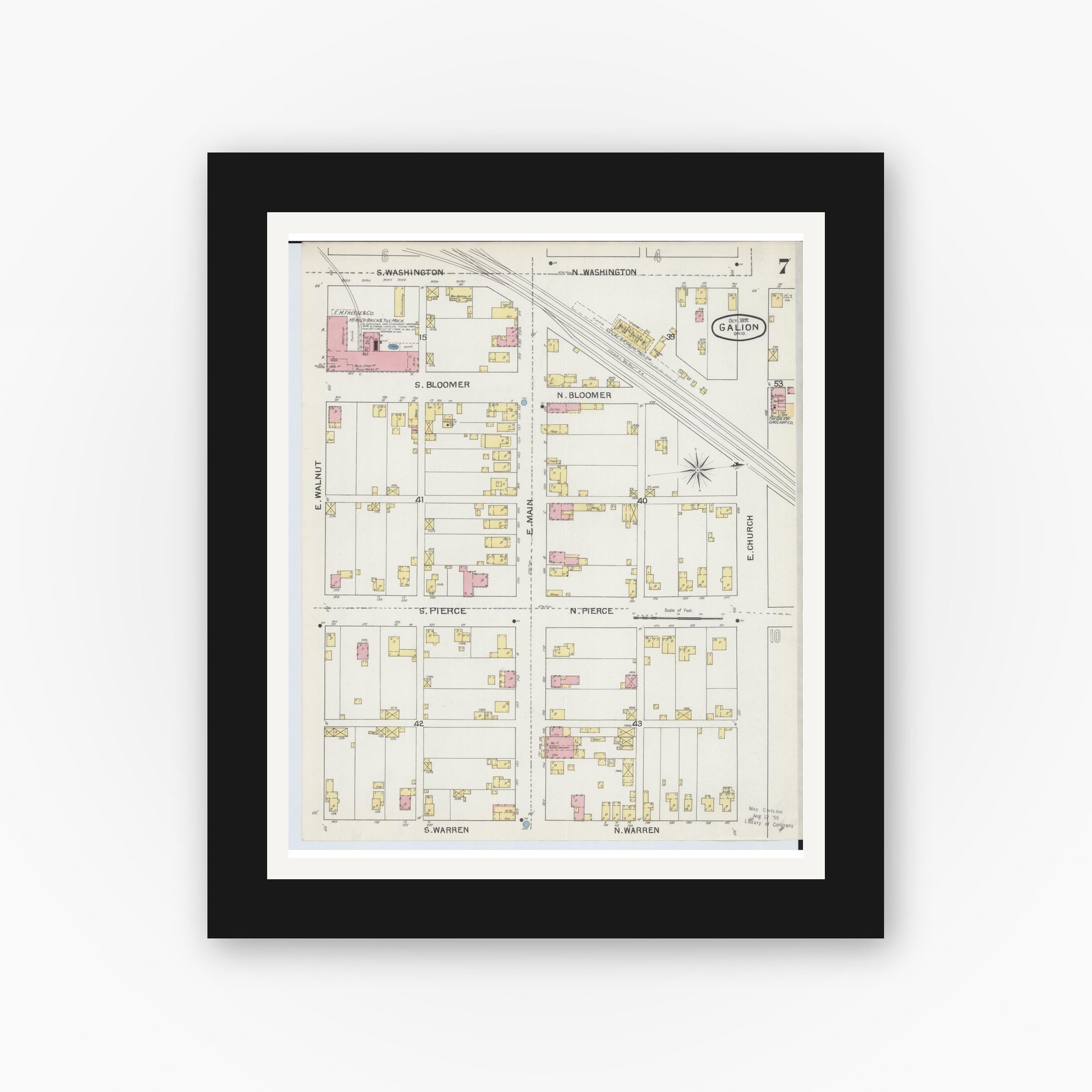Old map wall art mockup — black gallery frame with white mat — Sanborn Fire Insurance Map from Galion, Crawford County, Ohio (1892), Sheet #0007