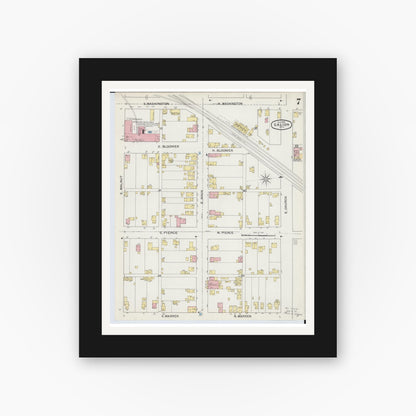 Old map wall art mockup — black gallery frame with white mat — Sanborn Fire Insurance Map from Galion, Crawford County, Ohio (1892), Sheet #0007