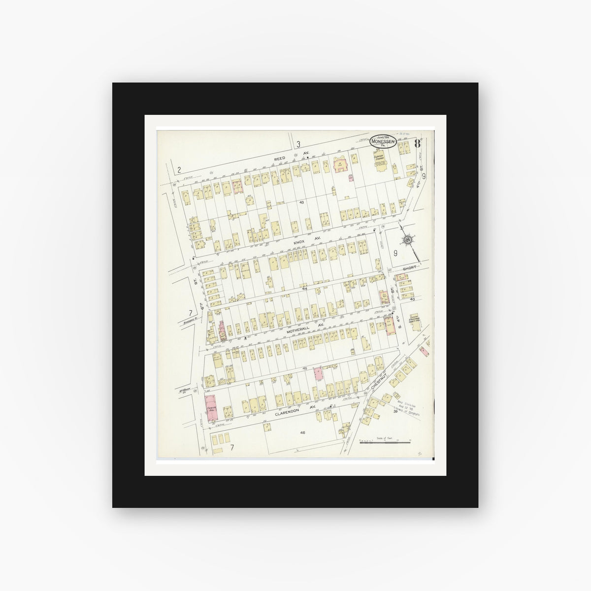 Old map wall art mockup — black gallery frame with white mat — Sanborn Fire Insurance Map from Monessen, Westmoreland County, Pennsylvania (1914), Sheet #0008