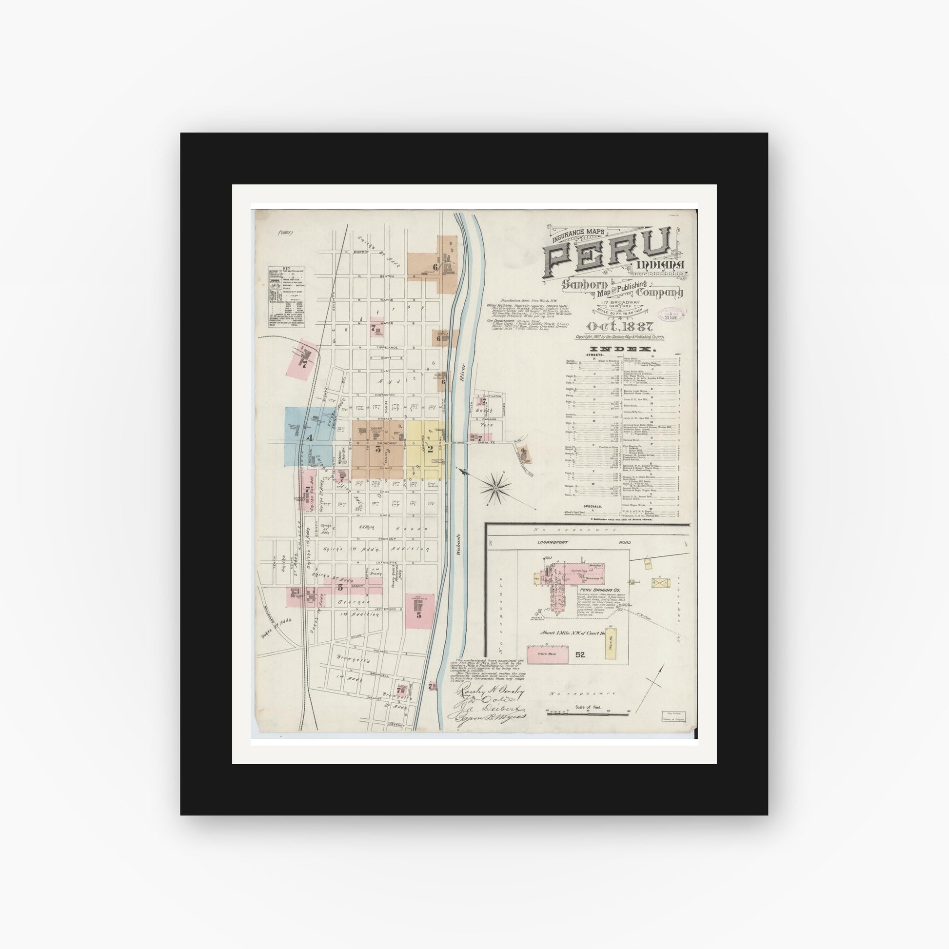 Old map wall art mockup — black gallery frame with white mat — Sanborn Fire Insurance Map from Peru, Miami County, Indiana (1887) - Complete Map Set