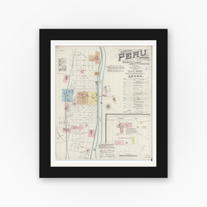 Old map wall art mockup — black gallery frame with white mat — Sanborn Fire Insurance Map from Peru, Miami County, Indiana (1887) - Complete Map Set