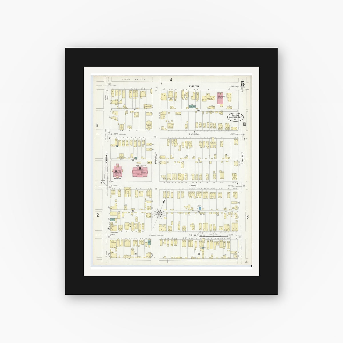 Old map wall art mockup — black gallery frame with white mat — Sanborn Fire Insurance Map from Nanticoke, Luzerne County, Pennsylvania (1907), Sheet #0005