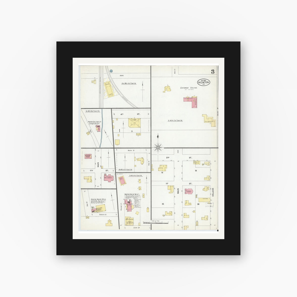 Old map wall art mockup — black gallery frame with white mat — Sanborn Fire Insurance Map from Newton, Catawba County, North Carolina (1902), Sheet #0003