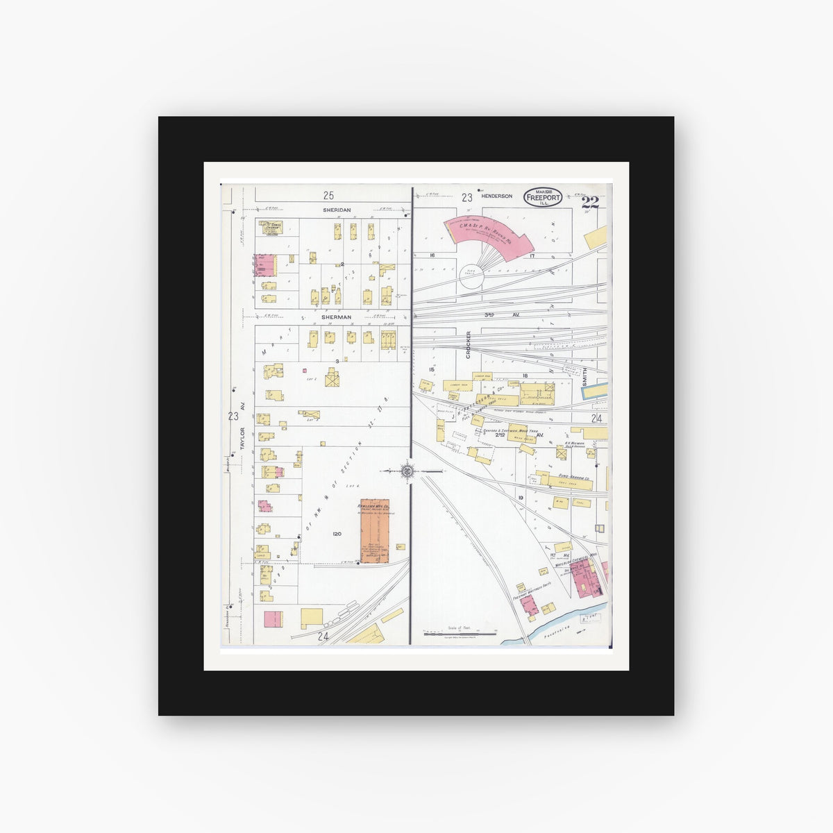 Old map wall art mockup — black gallery frame with white mat — Sanborn Fire Insurance Map from Freeport, Stephenson County, Illinois (1918), Sheet #0022