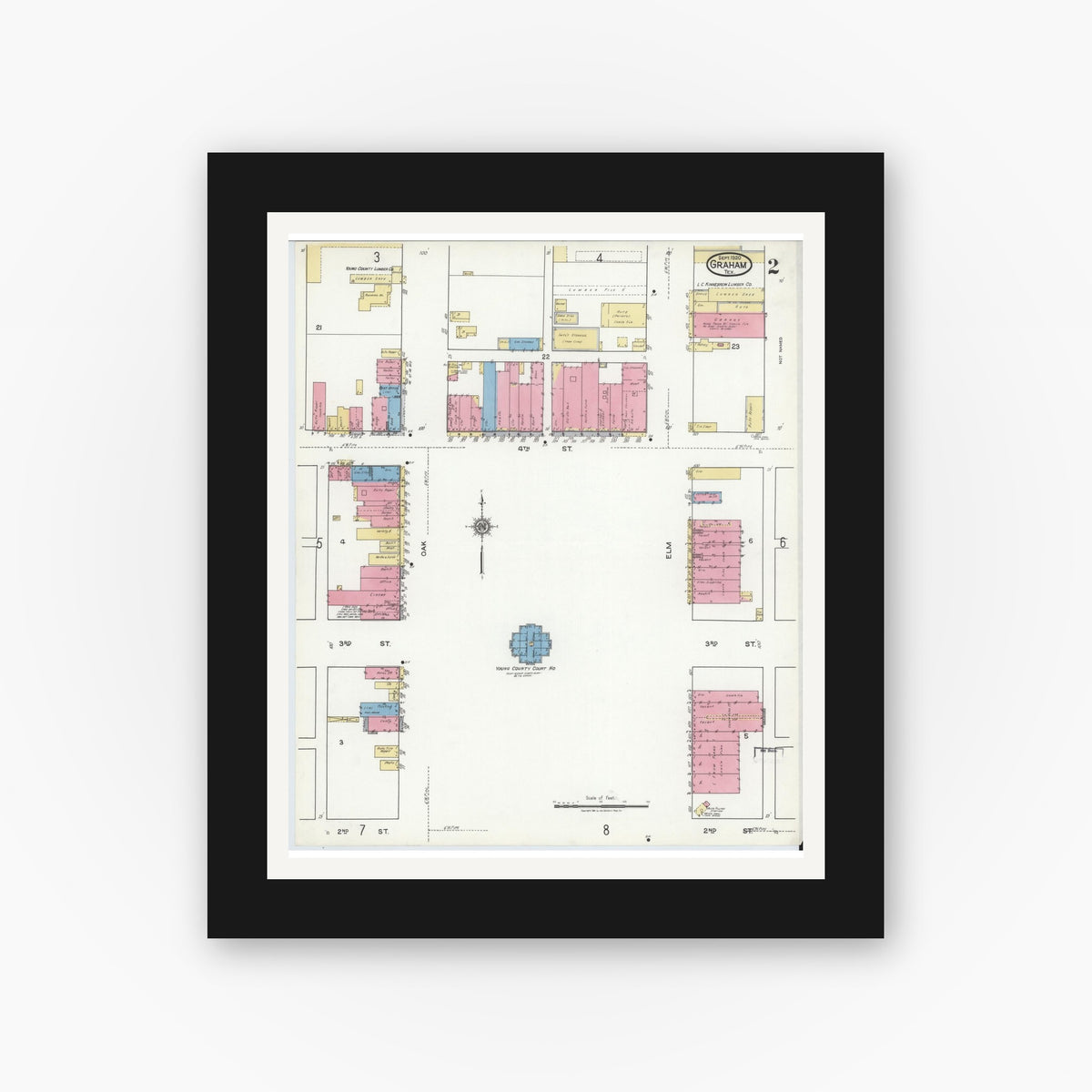 Old map wall art mockup — black gallery frame with white mat — Sanborn Fire Insurance Map from Graham, Young County, Texas (1920), Sheet #0002