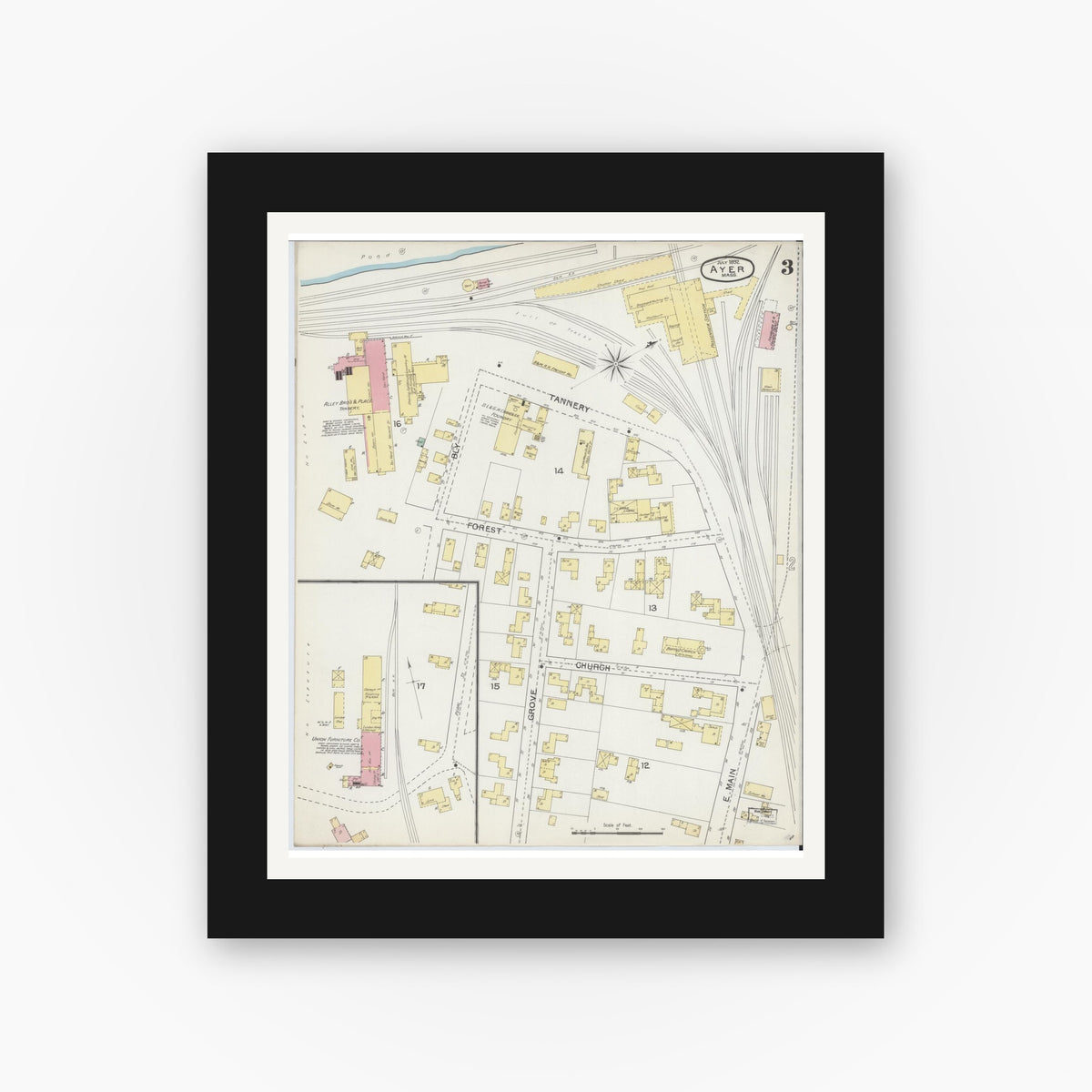 Old map wall art mockup — black gallery frame with white mat — Sanborn Fire Insurance Map from Ayer, Middlesex County, Massachusetts (1892), Sheet #0003