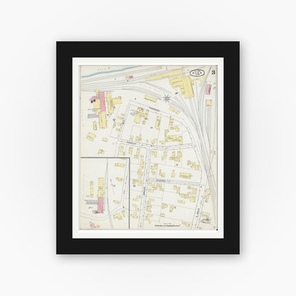 Old map wall art mockup — black gallery frame with white mat — Sanborn Fire Insurance Map from Ayer, Middlesex County, Massachusetts (1892), Sheet #0003