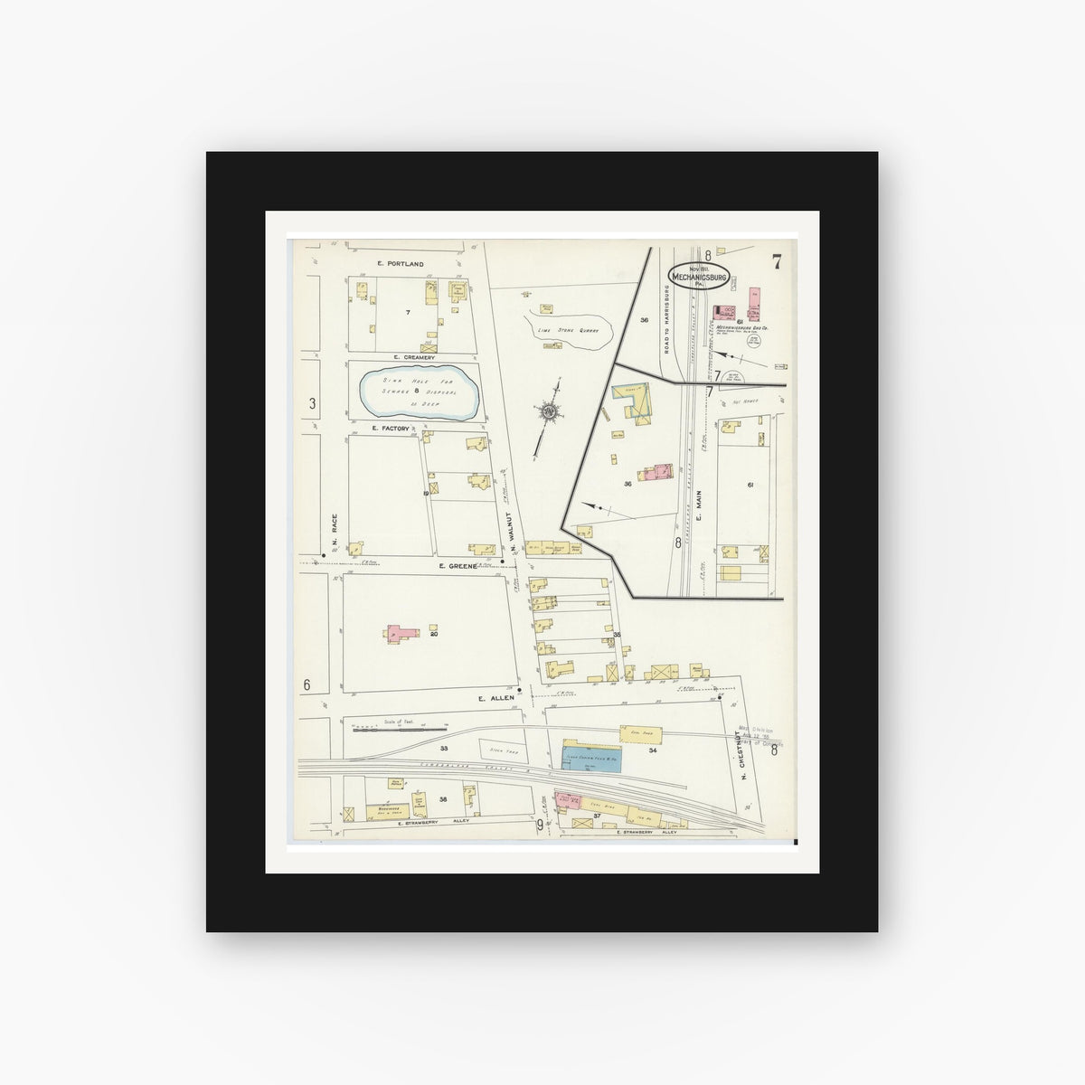 Old map wall art mockup — black gallery frame with white mat — Sanborn Fire Insurance Map from Mechanicsburg, Cumberland County, Pennsylvania (1911), Sheet #0007