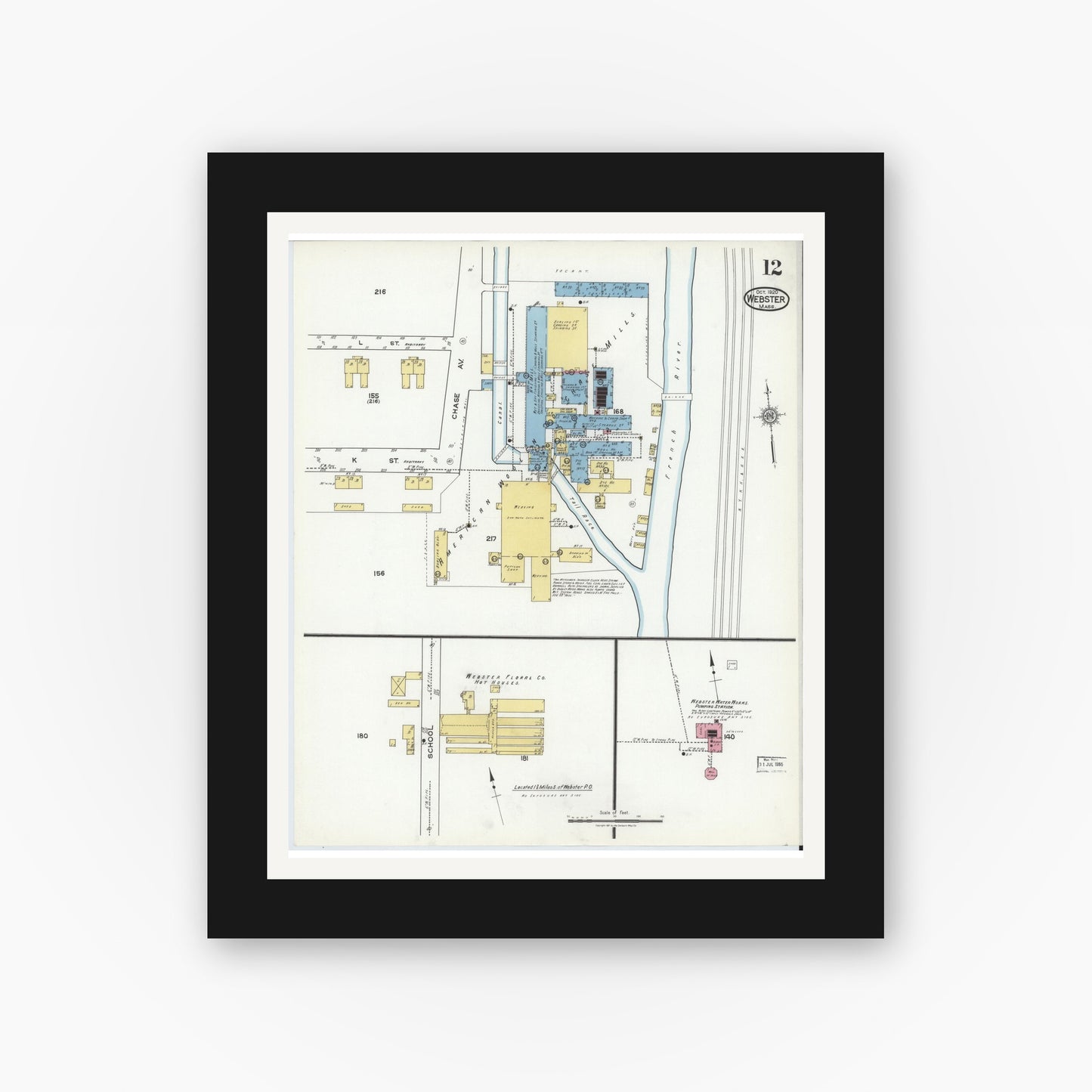 Old map wall art mockup — black gallery frame with white mat — Sanborn Fire Insurance Map from Webster, Worcester County, Massachusetts (1920), Sheet #0012