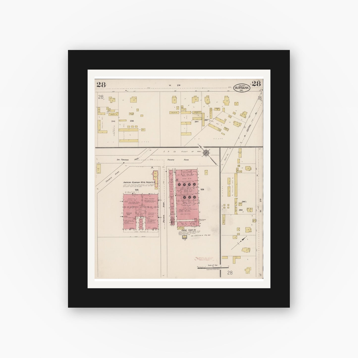 Old map wall art mockup — black gallery frame with white mat — Sanborn Fire Insurance Map from Burbank, Los Angeles County, California (1923), Sheet #0028