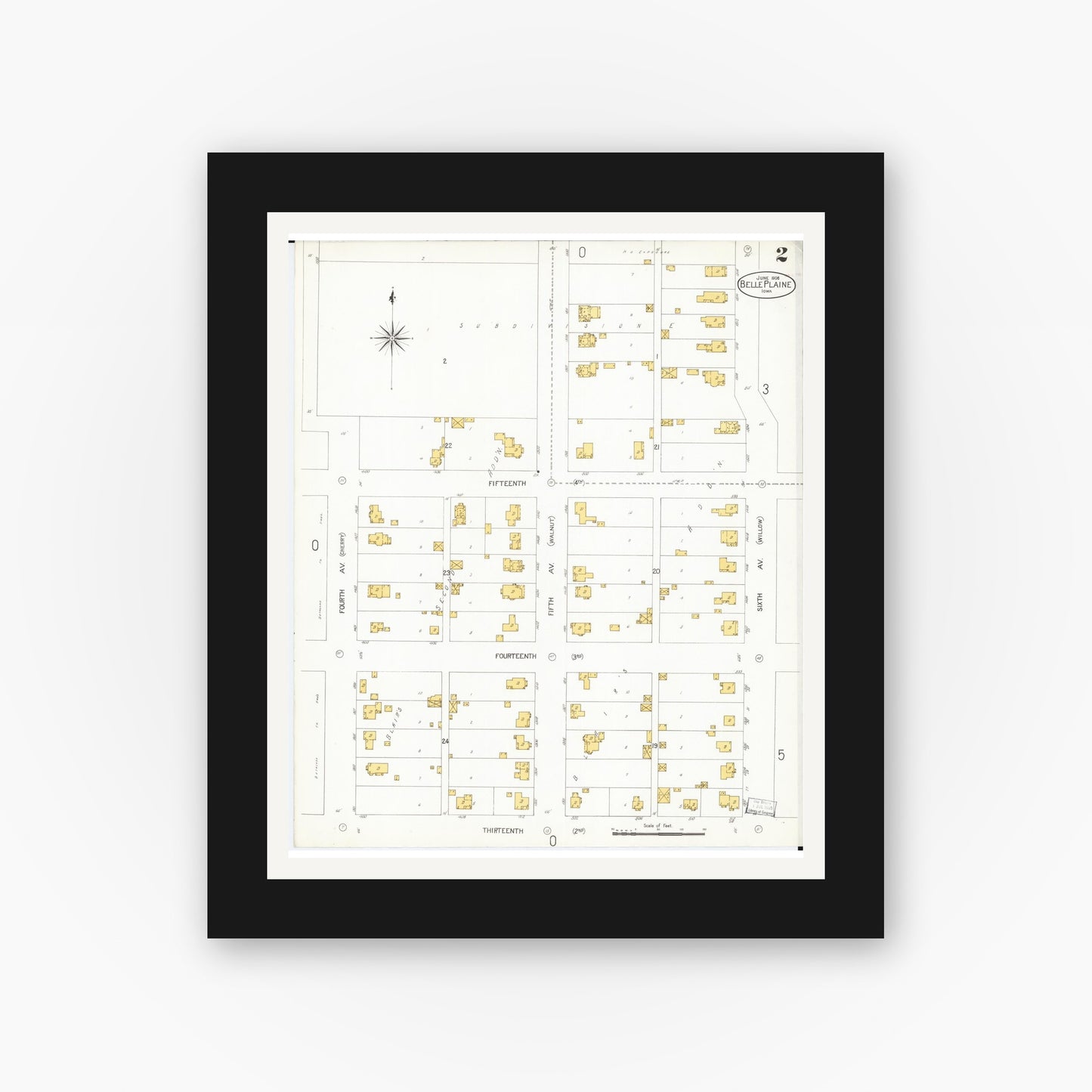 Old map wall art mockup — black gallery frame with white mat — Sanborn Fire Insurance Map from Belle Plaine, Benton County, Iowa (1906), Sheet #0002