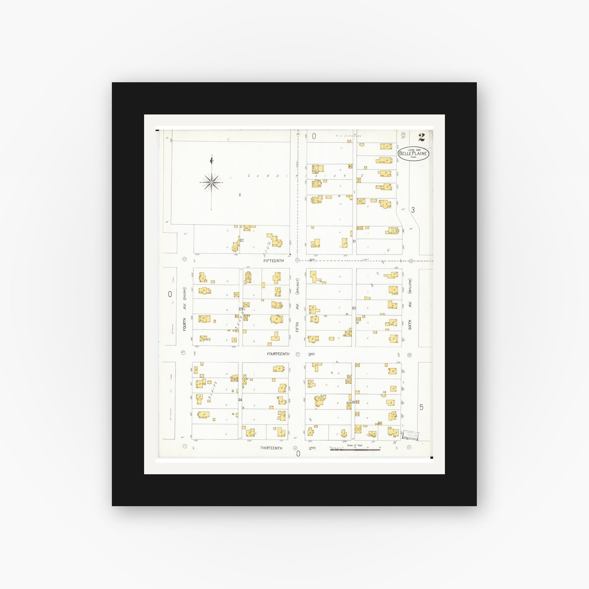 Old map wall art mockup — black gallery frame with white mat — Sanborn Fire Insurance Map from Belle Plaine, Benton County, Iowa (1906), Sheet #0002