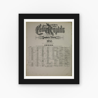 Old map wall art mockup — black gallery frame with white mat — Sanborn Fire Insurance Map from Cedar Rapids, Linn County, Iowa (1895), Sheet #0001