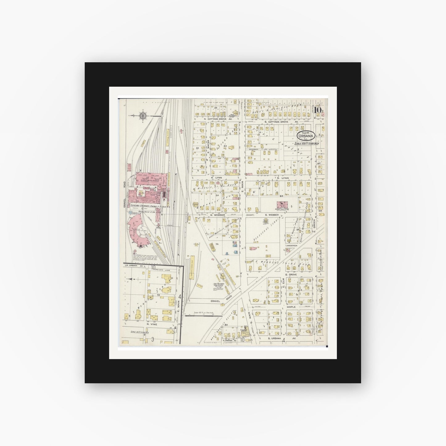 Old map wall art mockup — black gallery frame with white mat — Sanborn Fire Insurance Map from Urbana, Champaign County, Illinois (1915), Sheet #0010