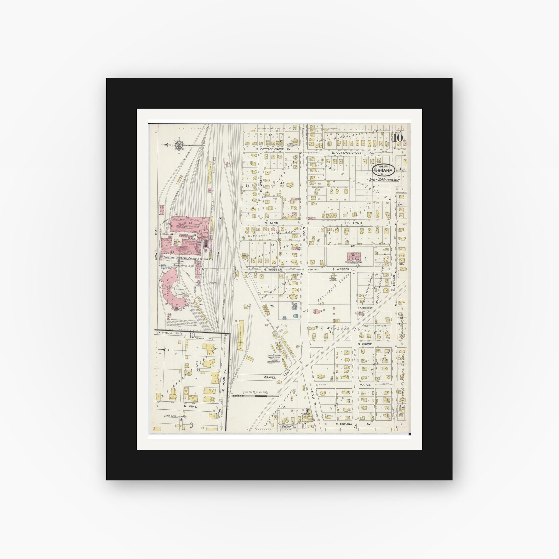 Old map wall art mockup — black gallery frame with white mat — Sanborn Fire Insurance Map from Urbana, Champaign County, Illinois (1915), Sheet #0010