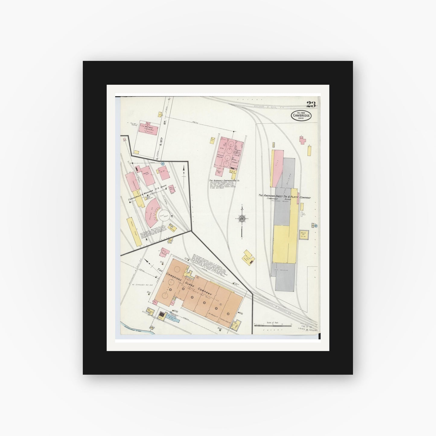 Old map wall art mockup — black gallery frame with white mat — Sanborn Fire Insurance Map from Cambridge, Guernsey County, Ohio (1909), Sheet #0023