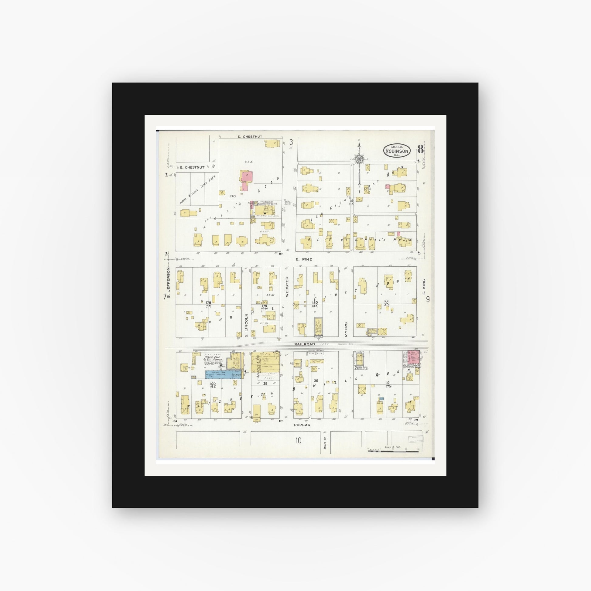 Old map wall art mockup — black gallery frame with white mat — Sanborn Fire Insurance Map from Robinson, Crawford County, Illinois (1916), Sheet #0008