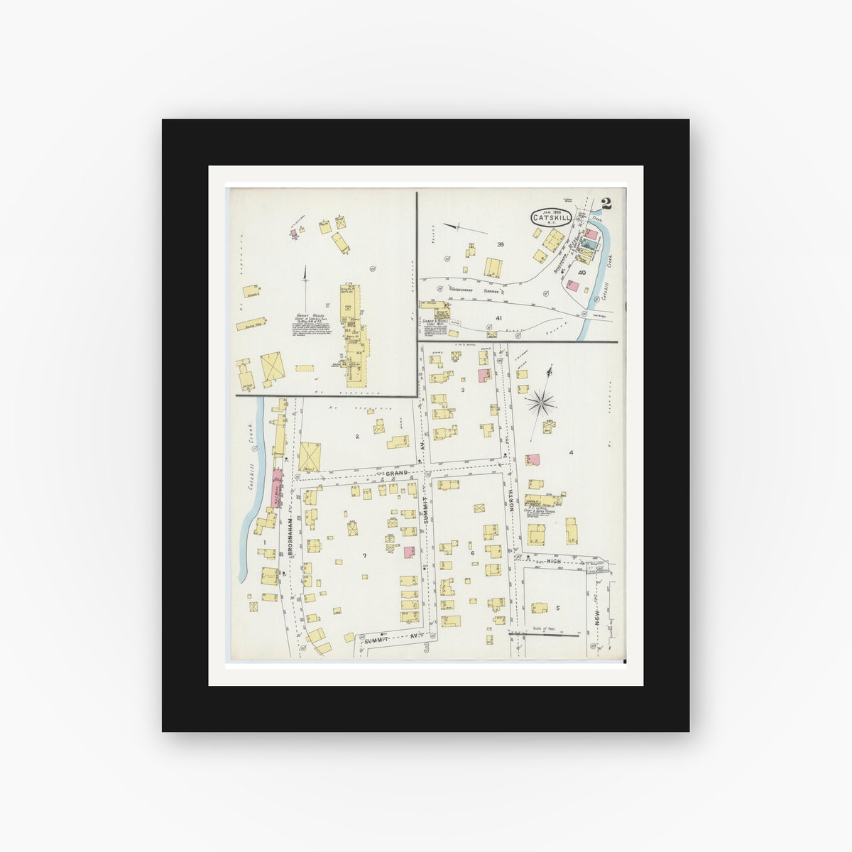 Old map wall art mockup — black gallery frame with white mat — Sanborn Fire Insurance Map from Catskill, Greene County, New York (1895), Sheet #0002