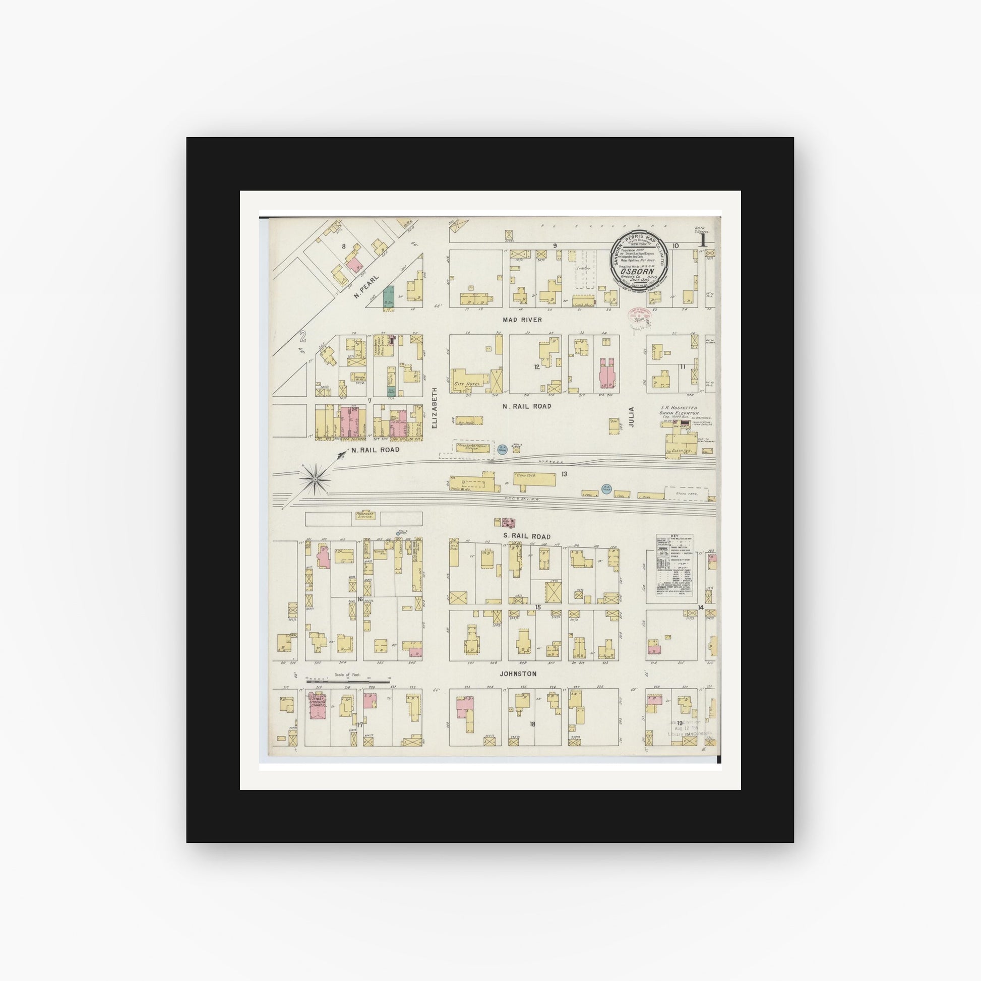 Old map wall art mockup — black gallery frame with white mat — Sanborn Fire Insurance Map from Osborn, Greene County, Ohio (1895), Sheet #0001