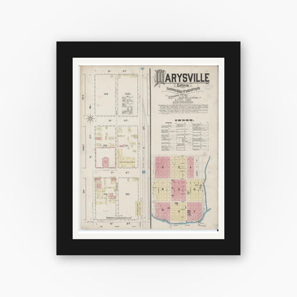 Old map wall art mockup — black gallery frame with white mat — Sanborn Fire Insurance Map from Marysville, Yuba County, California (1885), Sheet #0001