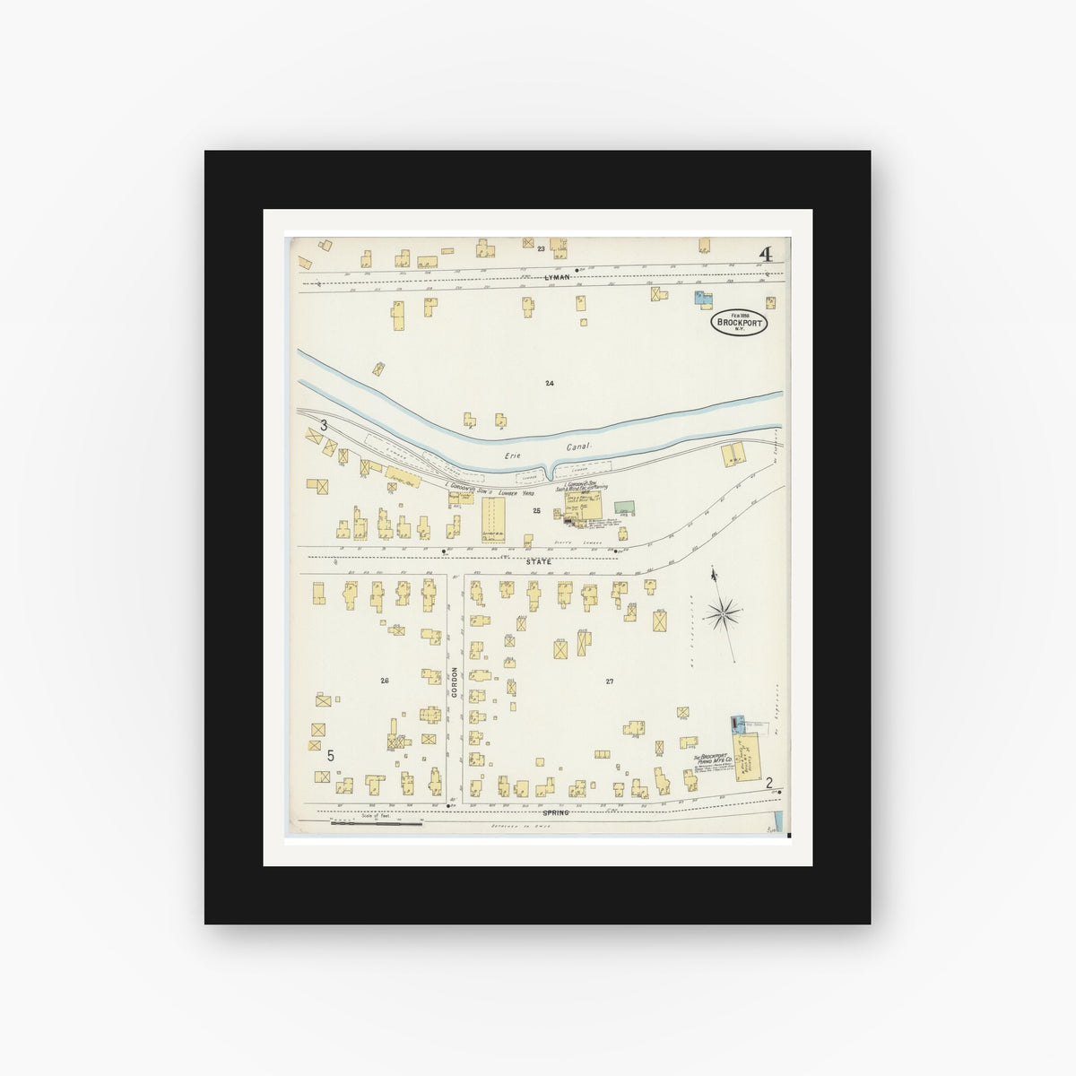 Old map wall art mockup — black gallery frame with white mat — Sanborn Fire Insurance Map from Brockport, Monroe County, New York (1898), Sheet #0004