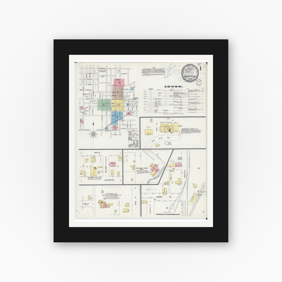 Old map wall art mockup — black gallery frame with white mat — Sanborn Fire Insurance Map from Independence, Jackson County, Missouri (1898), Sheet #0001