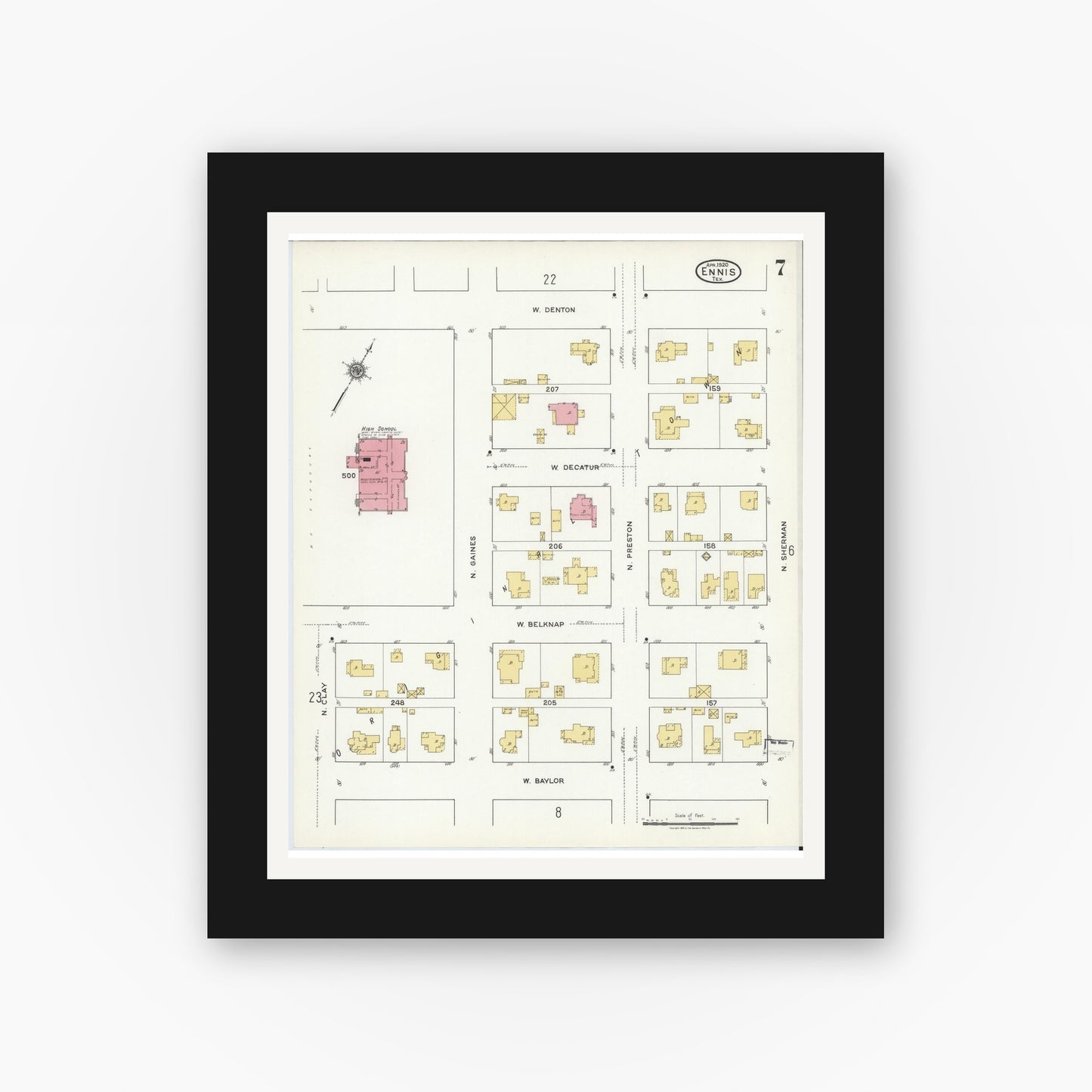 Old map wall art mockup — black gallery frame with white mat — Sanborn Fire Insurance Map from Ennis, Ellis County, Texas (1920), Sheet #0007