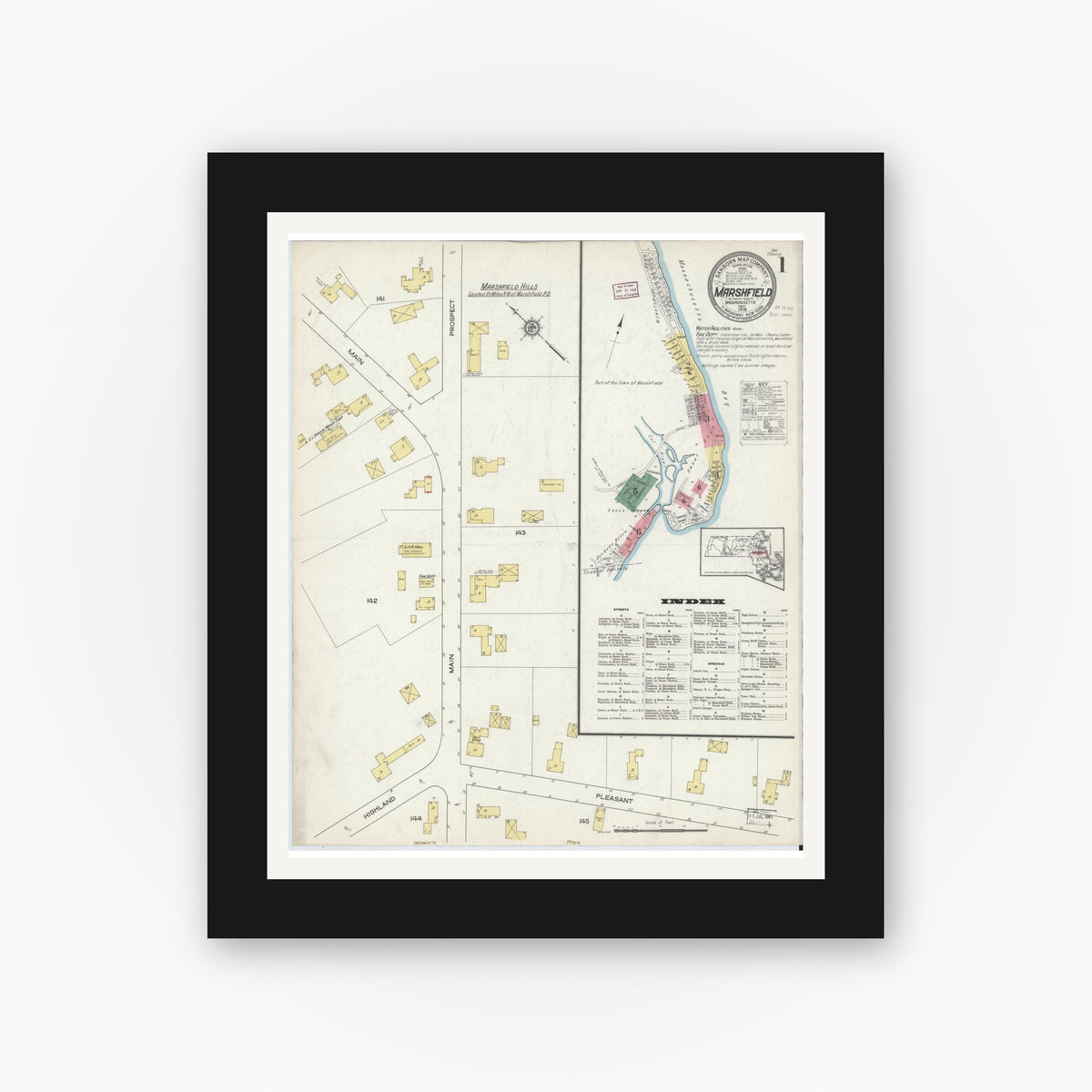 Old map wall art mockup — black gallery frame with white mat — Sanborn Fire Insurance Map from Marshfield, Plymouth County, Massachusetts (1916) - Complete Map Set