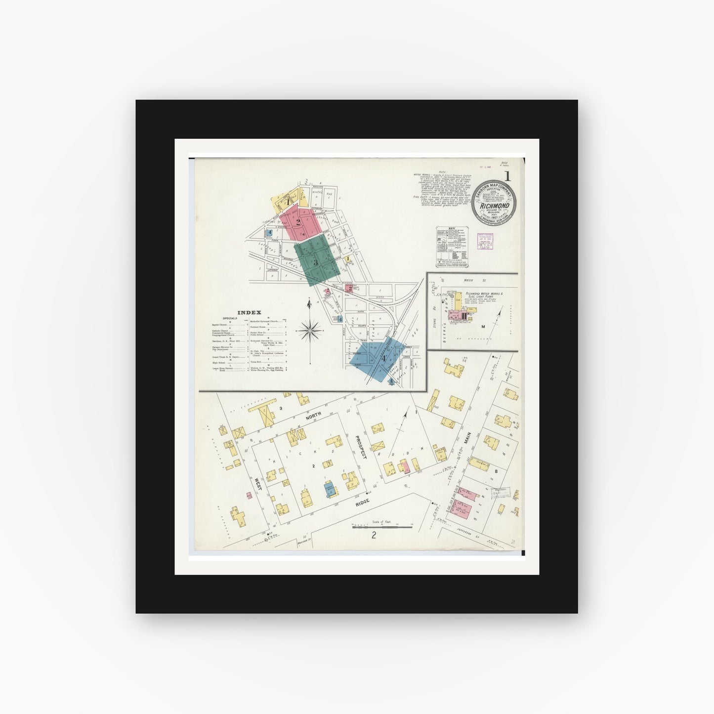 Old map wall art mockup — black gallery frame with white mat — Sanborn Fire Insurance Map from Richmond, Macomb County, Michigan (1907) - Complete Map Set