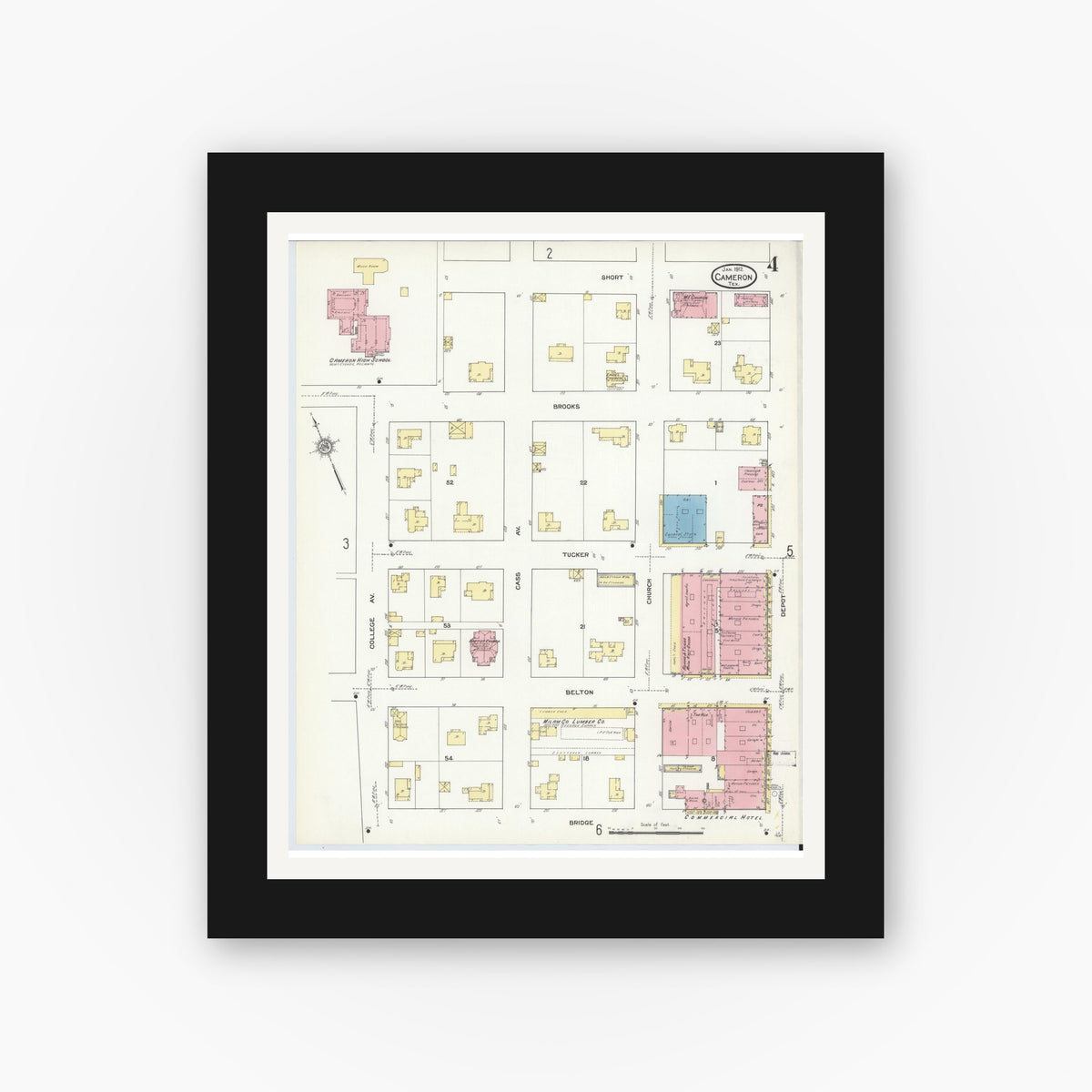 Old map wall art mockup — black gallery frame with white mat — Sanborn Fire Insurance Map from Cameron, Milam County, Texas (1912), Sheet #0004