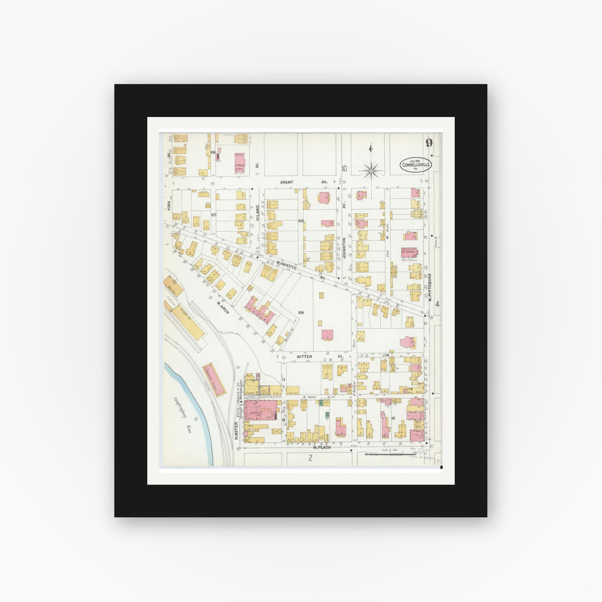 Old map wall art mockup — black gallery frame with white mat — Sanborn Fire Insurance Map from Connellsville, Fayette County, Pennsylvania (1901), Sheet #0009