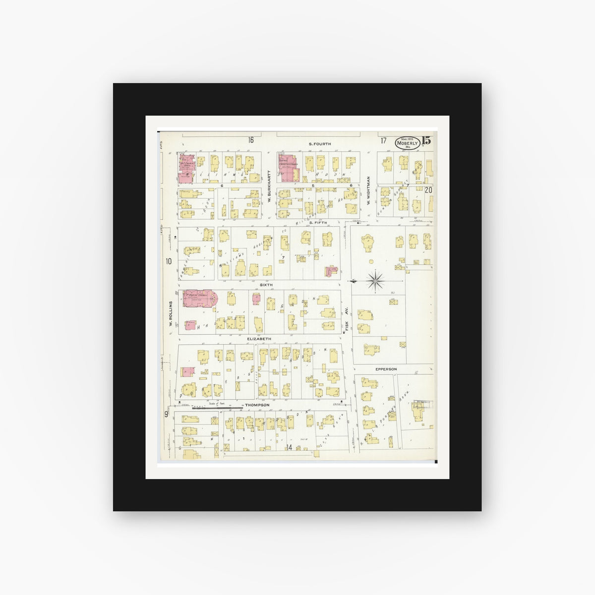 Old map wall art mockup — black gallery frame with white mat — Sanborn Fire Insurance Map from Moberly, Randolph County, Missouri (1909), Sheet #0015