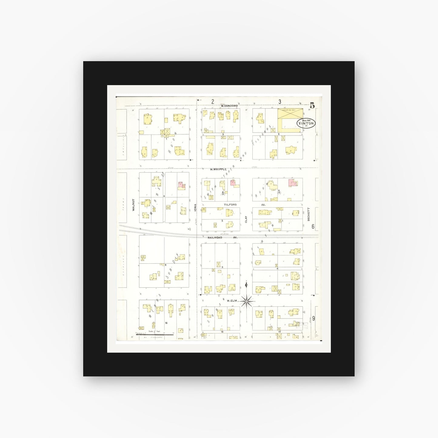 Old map wall art mockup — black gallery frame with white mat — Sanborn Fire Insurance Map from Vinton, Benton County, Iowa (1906), Sheet #0005