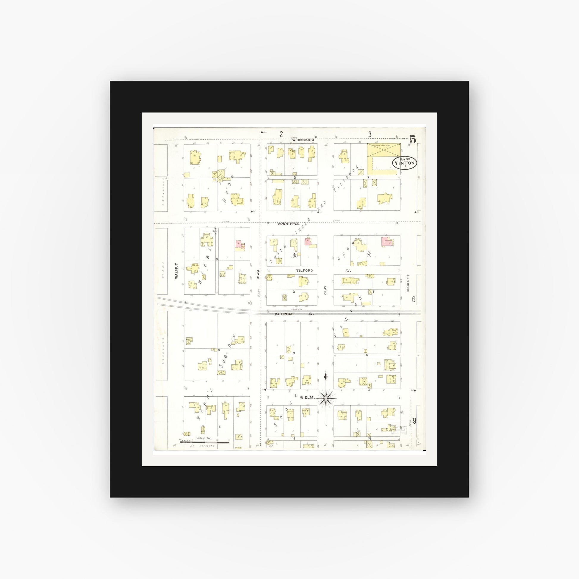 Old map wall art mockup — black gallery frame with white mat — Sanborn Fire Insurance Map from Vinton, Benton County, Iowa (1906), Sheet #0005