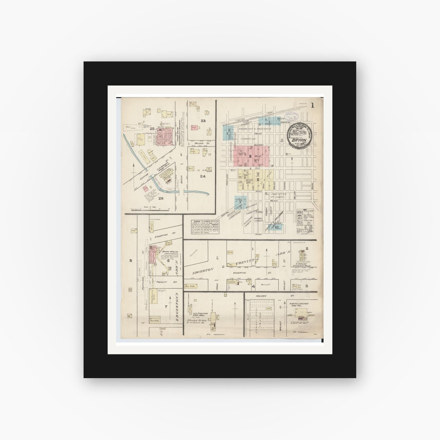 Old map wall art mockup — black gallery frame with white mat — Sanborn Fire Insurance Map from Bryan, Williams County, Ohio (1884) - Complete Map Set