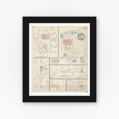 Old map wall art mockup — black gallery frame with white mat — Sanborn Fire Insurance Map from Bryan, Williams County, Ohio (1884) - Complete Map Set