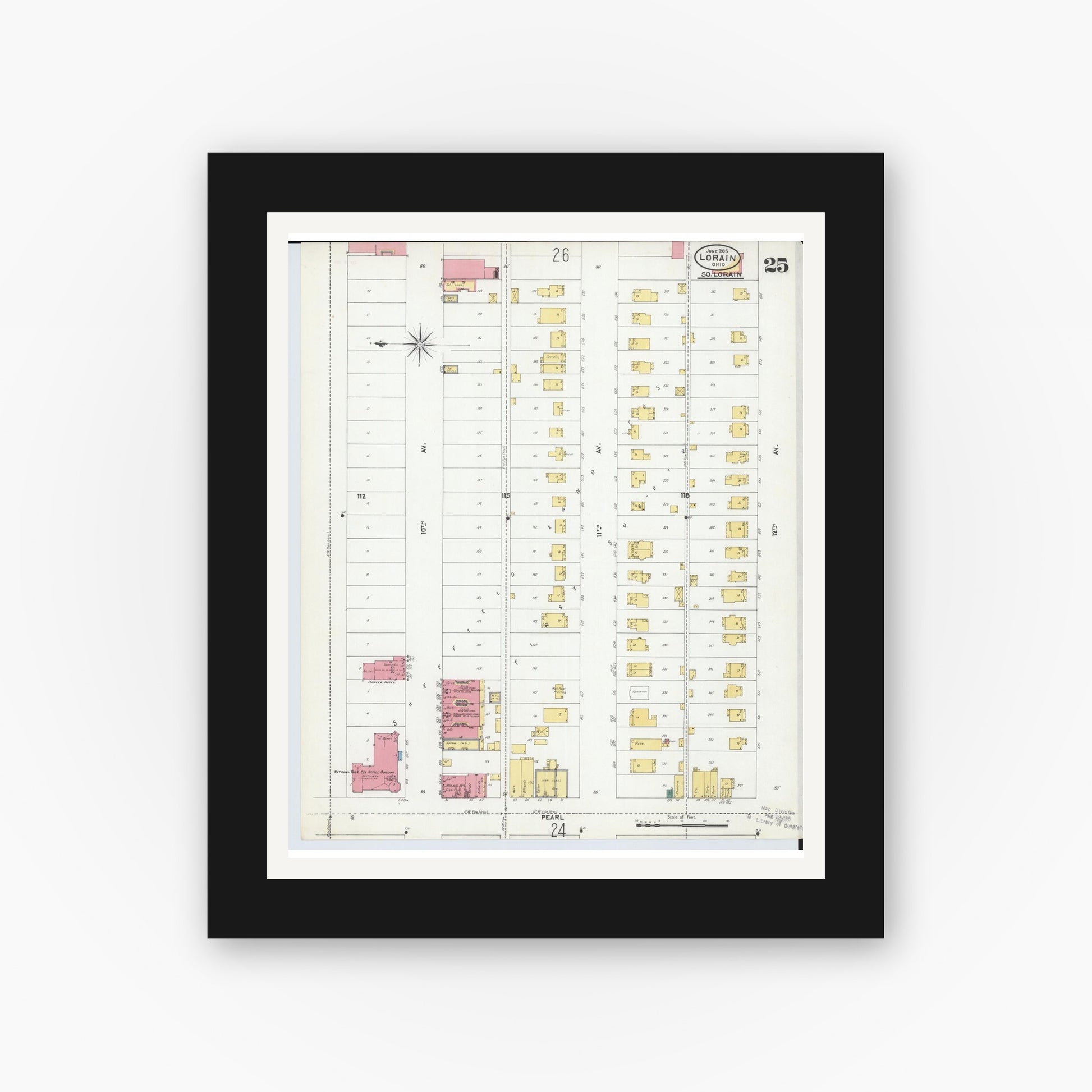 Old map wall art mockup — black gallery frame with white mat — Sanborn Fire Insurance Map from Lorain, Lorain County, Ohio (1905), Sheet #0025