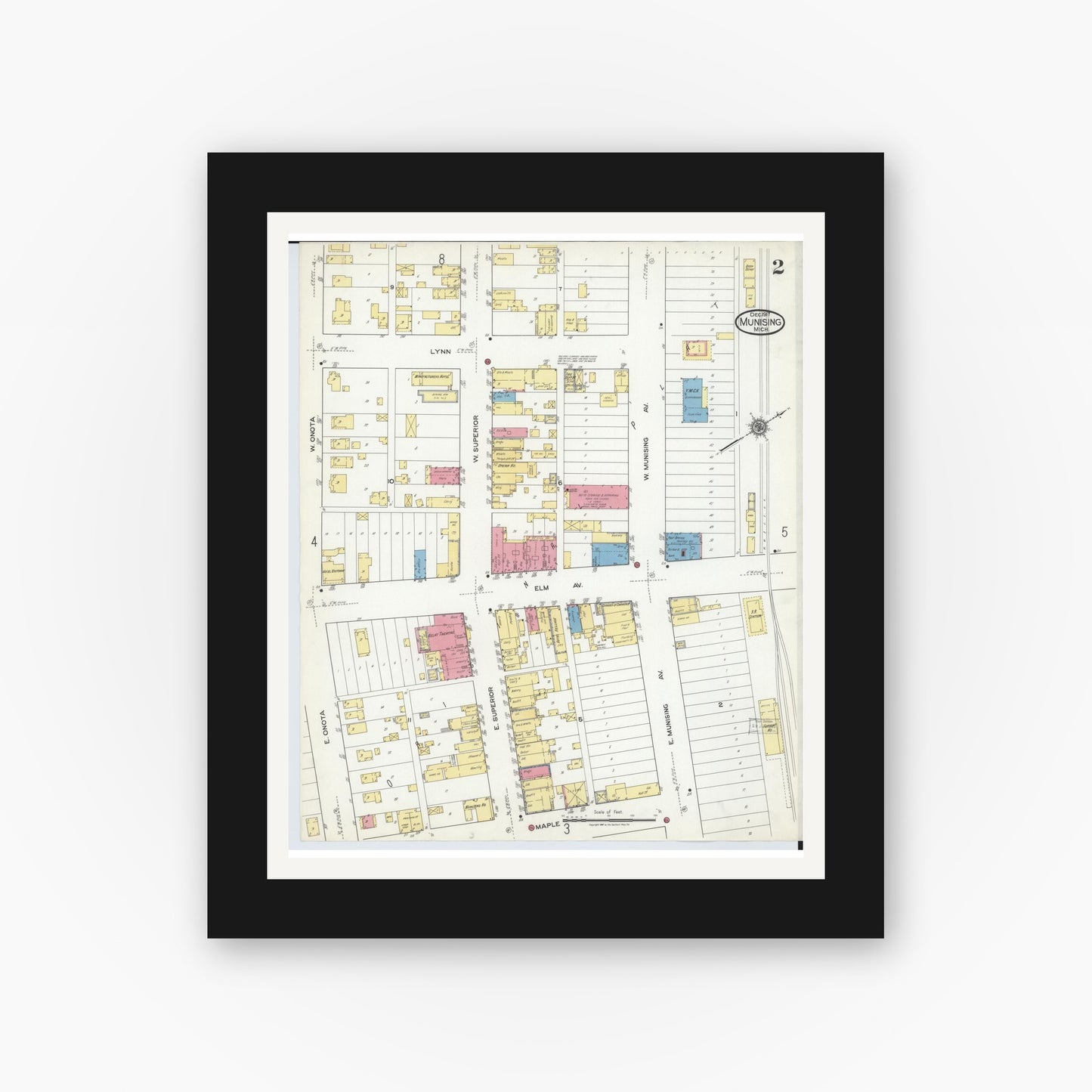 Old map wall art mockup — black gallery frame with white mat — Sanborn Fire Insurance Map from Munising, Alger County, Michigan (1917), Sheet #0002