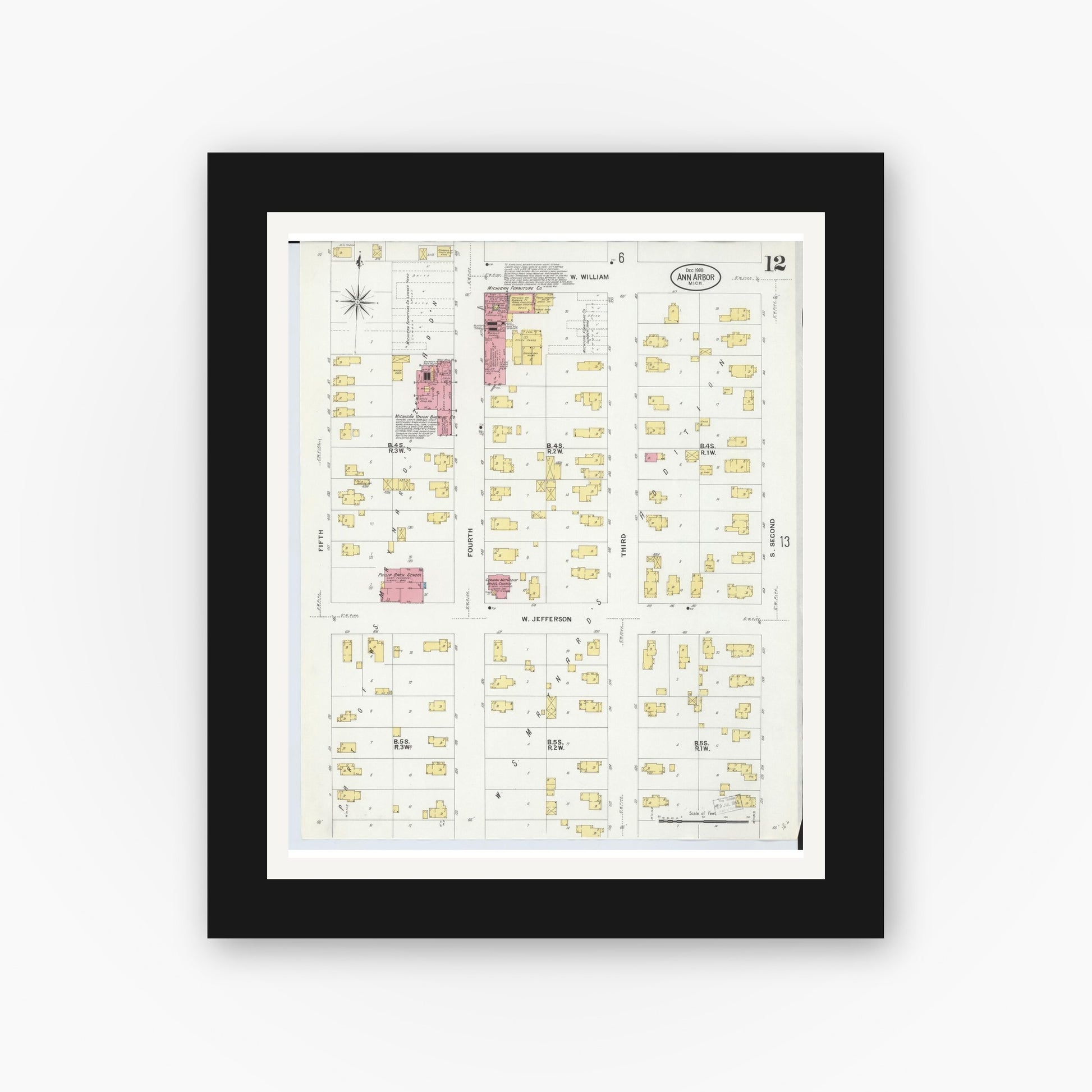 Old map wall art mockup — black gallery frame with white mat — Sanborn Fire Insurance Map from Ann Arbor, Washtenaw County, Michigan (1908), Sheet #0012