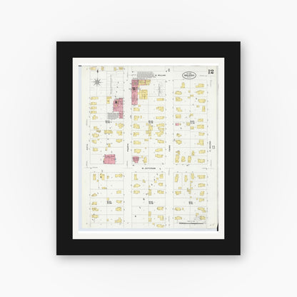 Old map wall art mockup — black gallery frame with white mat — Sanborn Fire Insurance Map from Ann Arbor, Washtenaw County, Michigan (1908), Sheet #0012