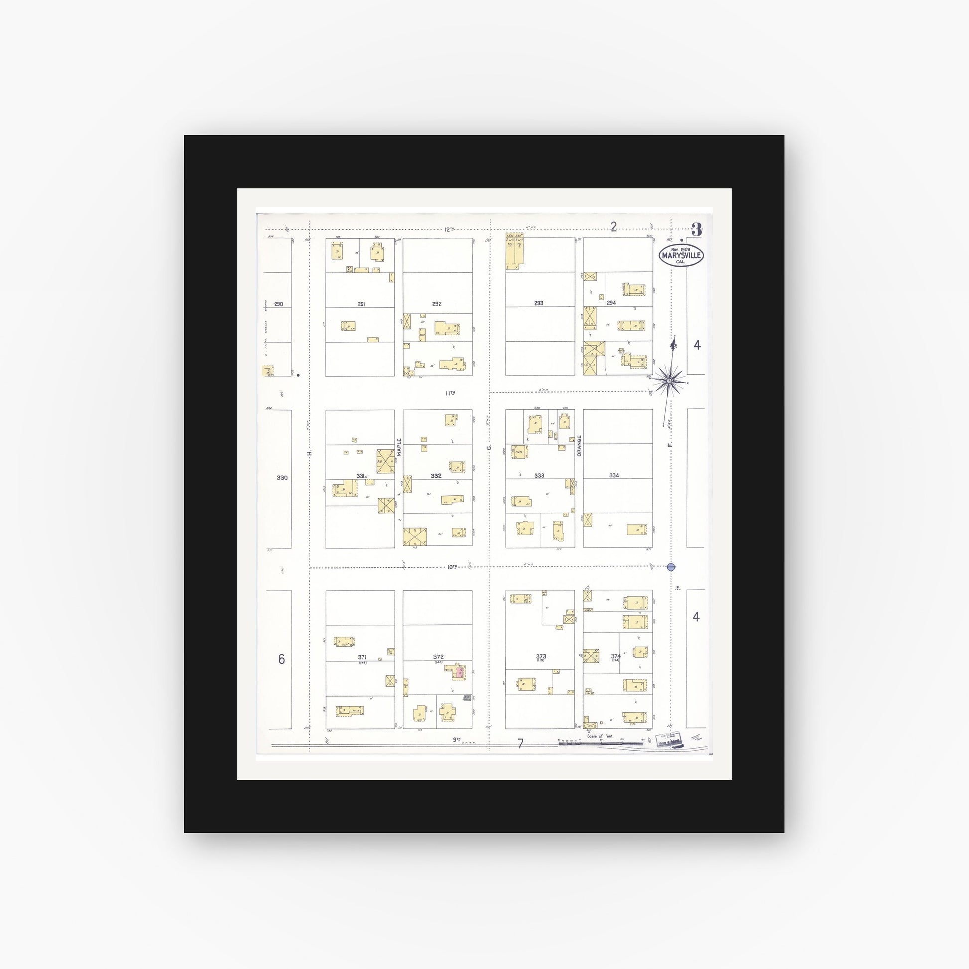 Old map wall art mockup — black gallery frame with white mat — Sanborn Fire Insurance Map from Marysville, Yuba County, California (1909), Sheet #0003