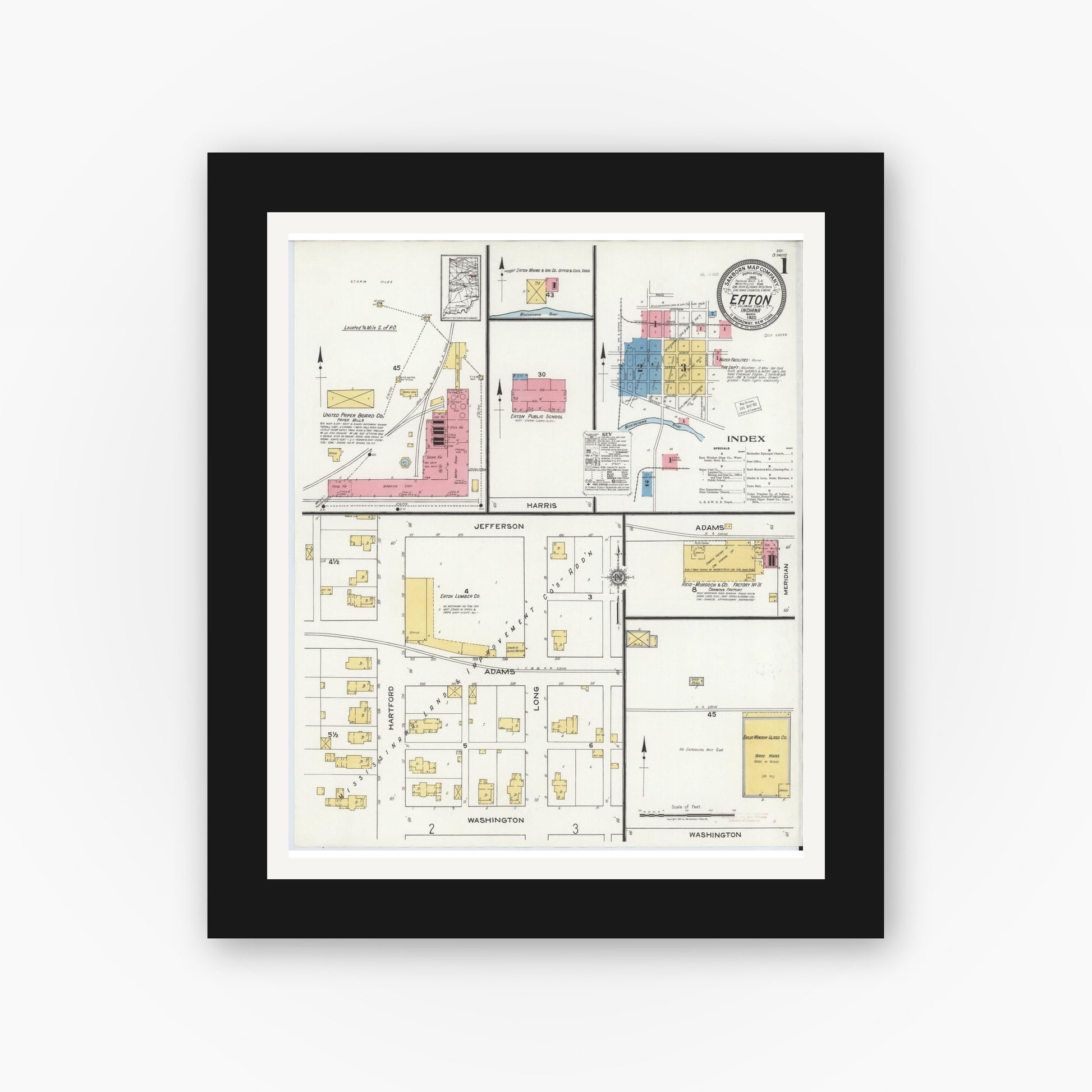Old map wall art mockup — black gallery frame with white mat — Sanborn Fire Insurance Map from Eaton, Delaware County, Indiana (1920) - Complete Map Set