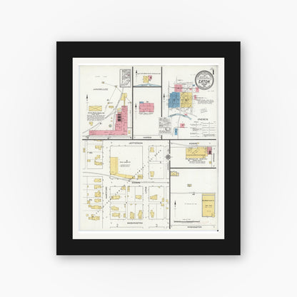 Old map wall art mockup — black gallery frame with white mat — Sanborn Fire Insurance Map from Eaton, Delaware County, Indiana (1920) - Complete Map Set