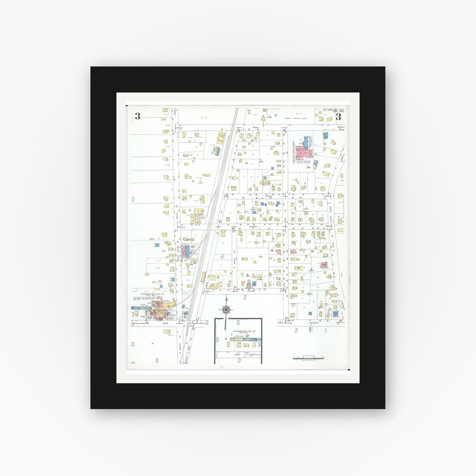 Old map wall art mockup — black gallery frame with white mat — Sanborn Fire Insurance Map from Cortland, Trumbull County, Ohio (1950), Sheet #0003