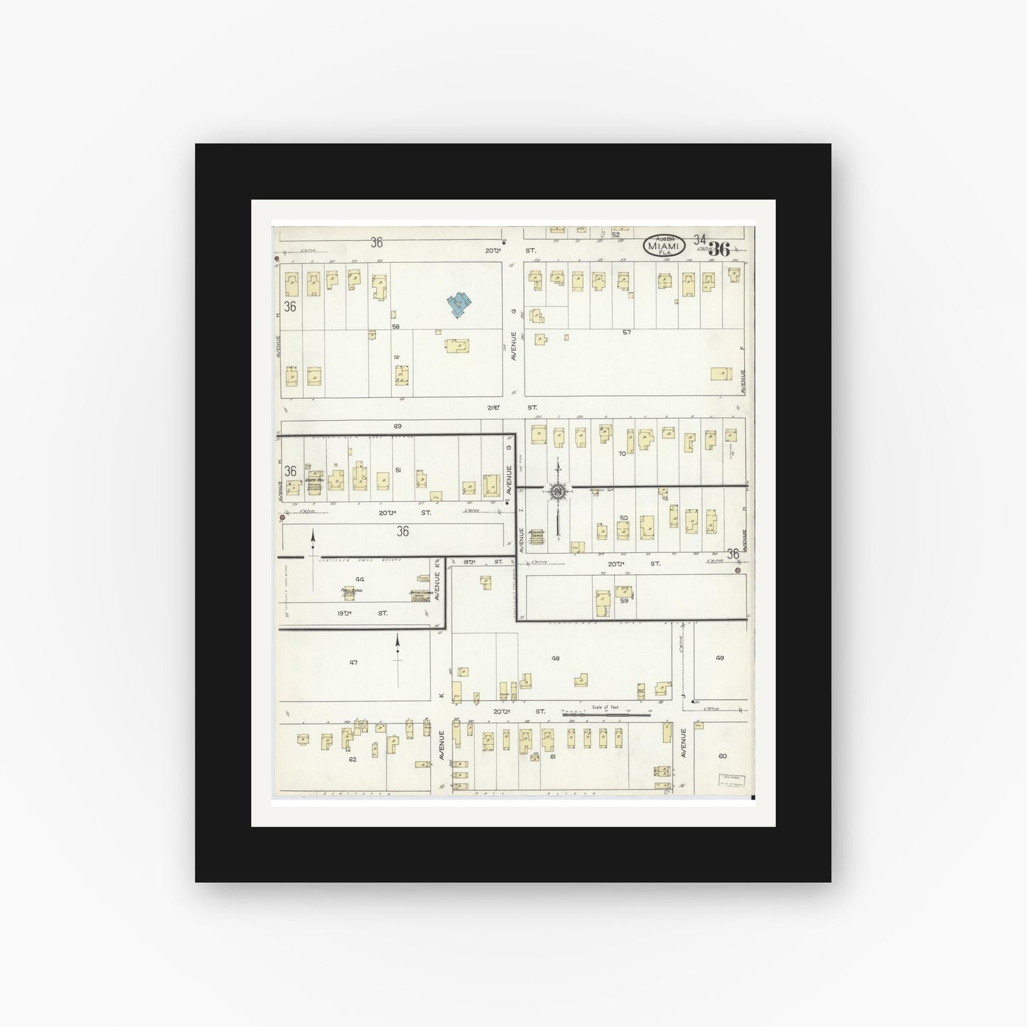 Old map wall art mockup — black gallery frame with white mat — Sanborn Fire Insurance Map from Miami, Dade County, Florida (1914), Sheet #0036
