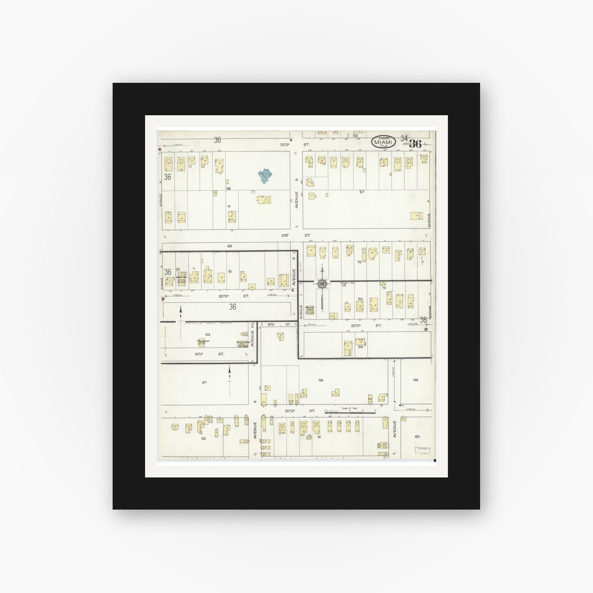 Old map wall art mockup — black gallery frame with white mat — Sanborn Fire Insurance Map from Miami, Dade County, Florida (1914), Sheet #0036