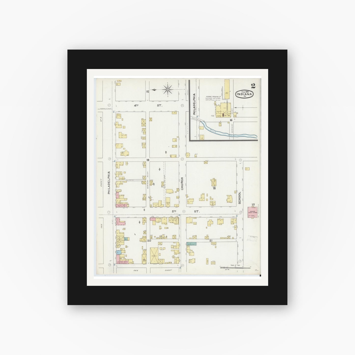 Old map wall art mockup — black gallery frame with white mat — Sanborn Fire Insurance Map from Indiana, Indiana County, Pennsylvania (1892), Sheet #0002