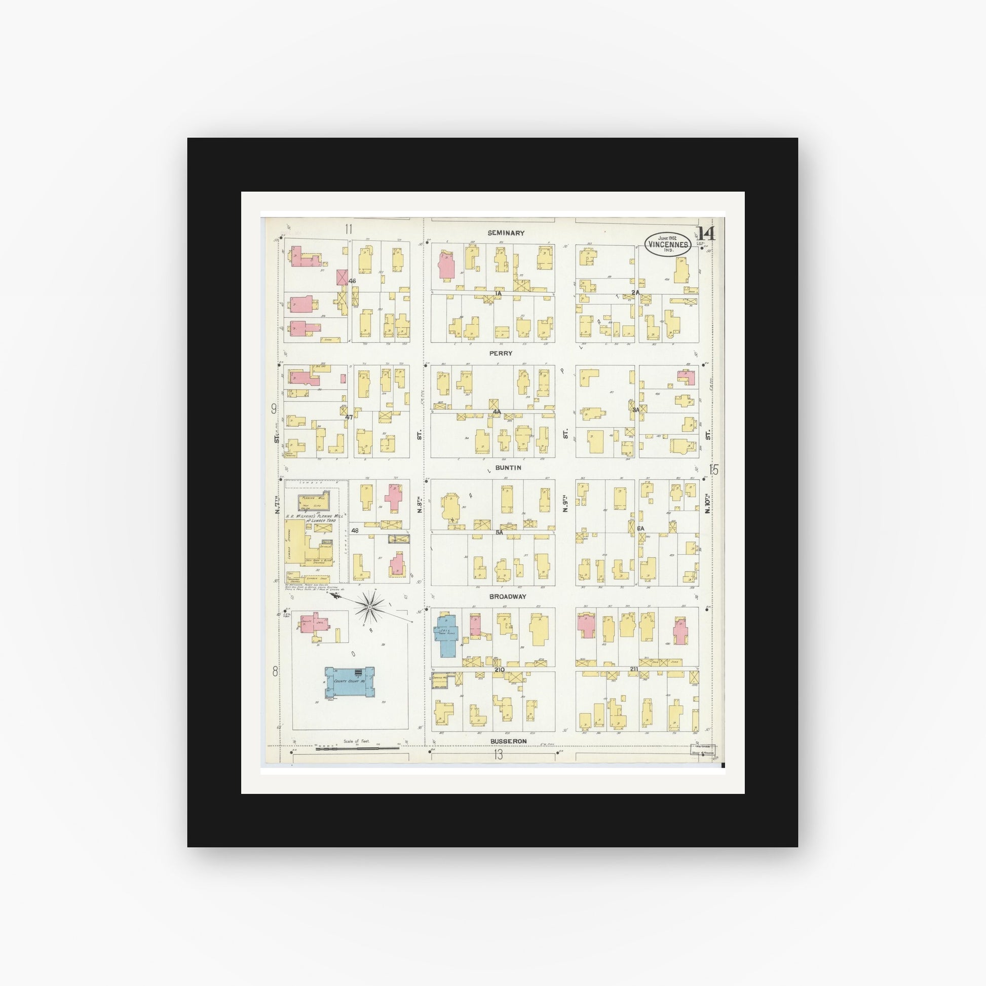 Old map wall art mockup — black gallery frame with white mat — Sanborn Fire Insurance Map from Vincennes, Knox County, Indiana (1902), Sheet #0014