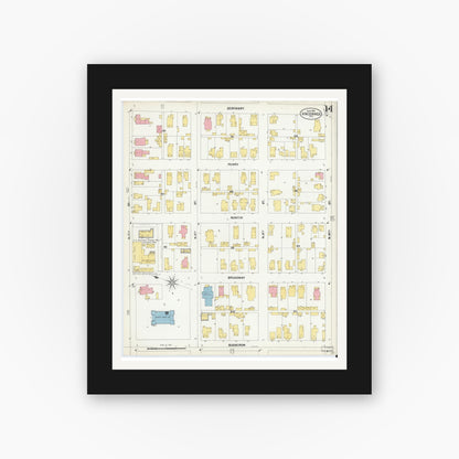 Old map wall art mockup — black gallery frame with white mat — Sanborn Fire Insurance Map from Vincennes, Knox County, Indiana (1902), Sheet #0014